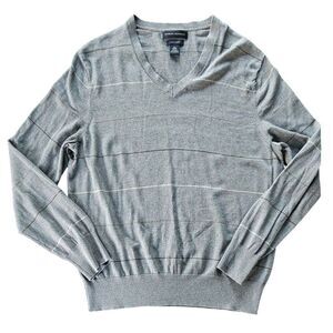 Banana Republic Luxury Blend Silk Cashmere V-Neck Mens Sweater Gray Stripe Large